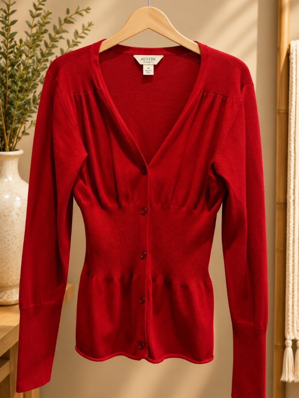 Austin Clothing Co Red V-Neck Button Cardigan Sweater Ruched Waist Size M